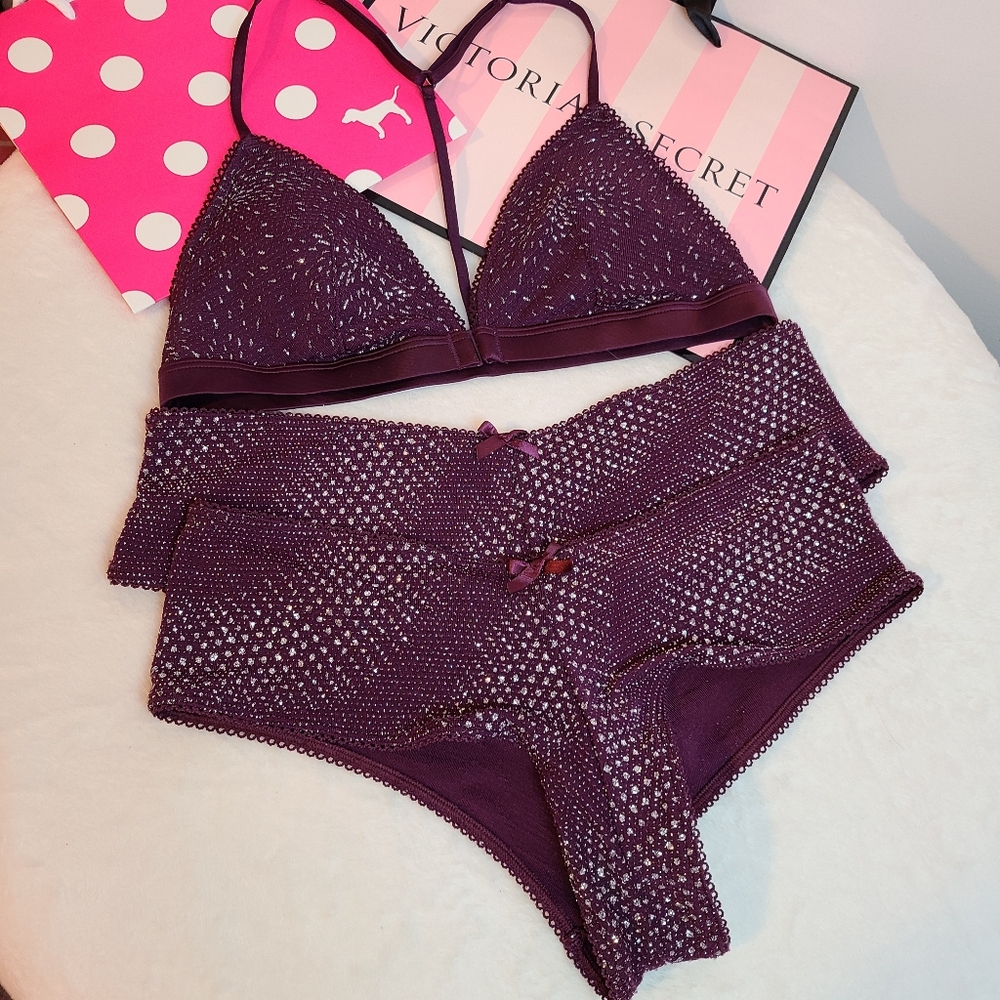 Y2K Victoria's Secret 3pc Glitter Sparkle Bralette & Panties Set Size M Purple